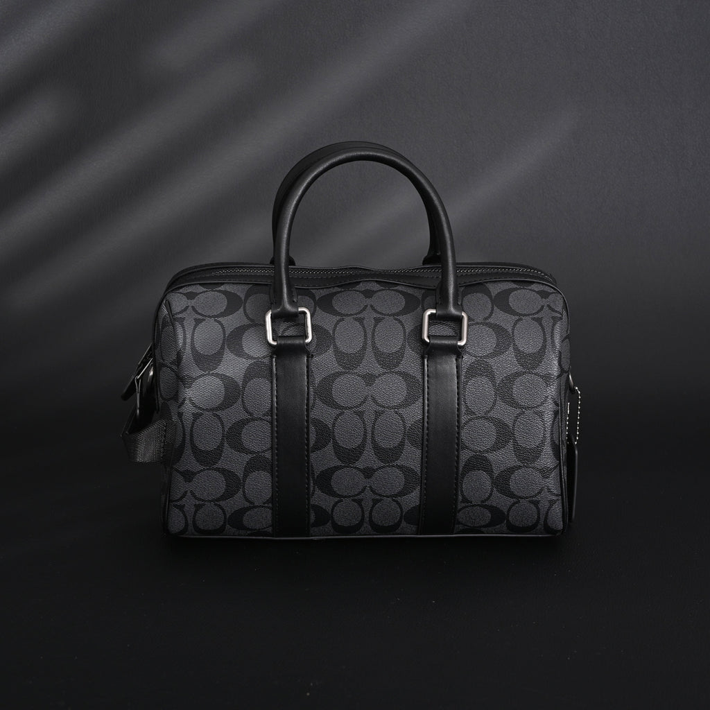 Coach Signature Duffel Bag – Black Monogram Canvas with Leather Trim